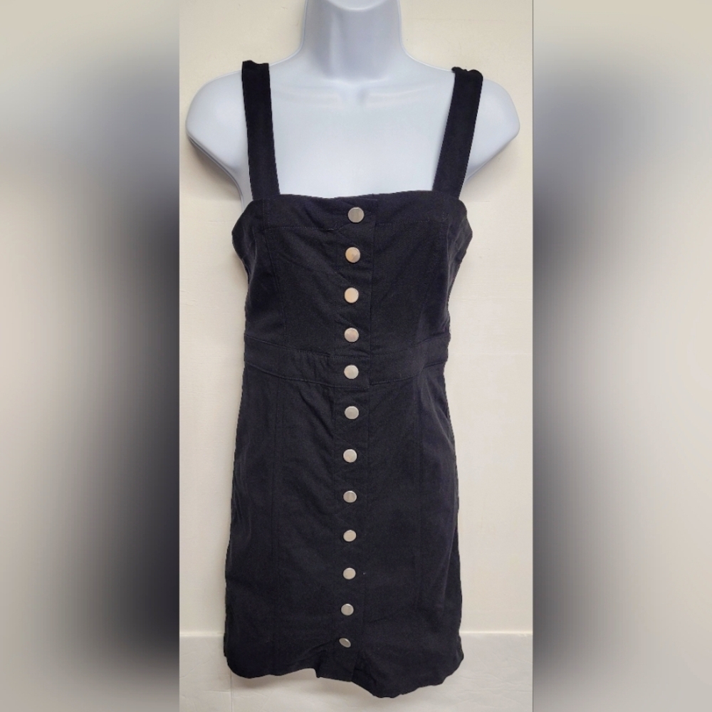Forever 21 Contemporary S Black Stretch Denim Bodycon Overall Dress Snap front